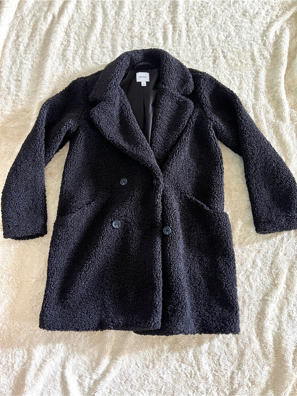 NINE WEST Woman's Teddy Bear Black Long Line Coat Size L
